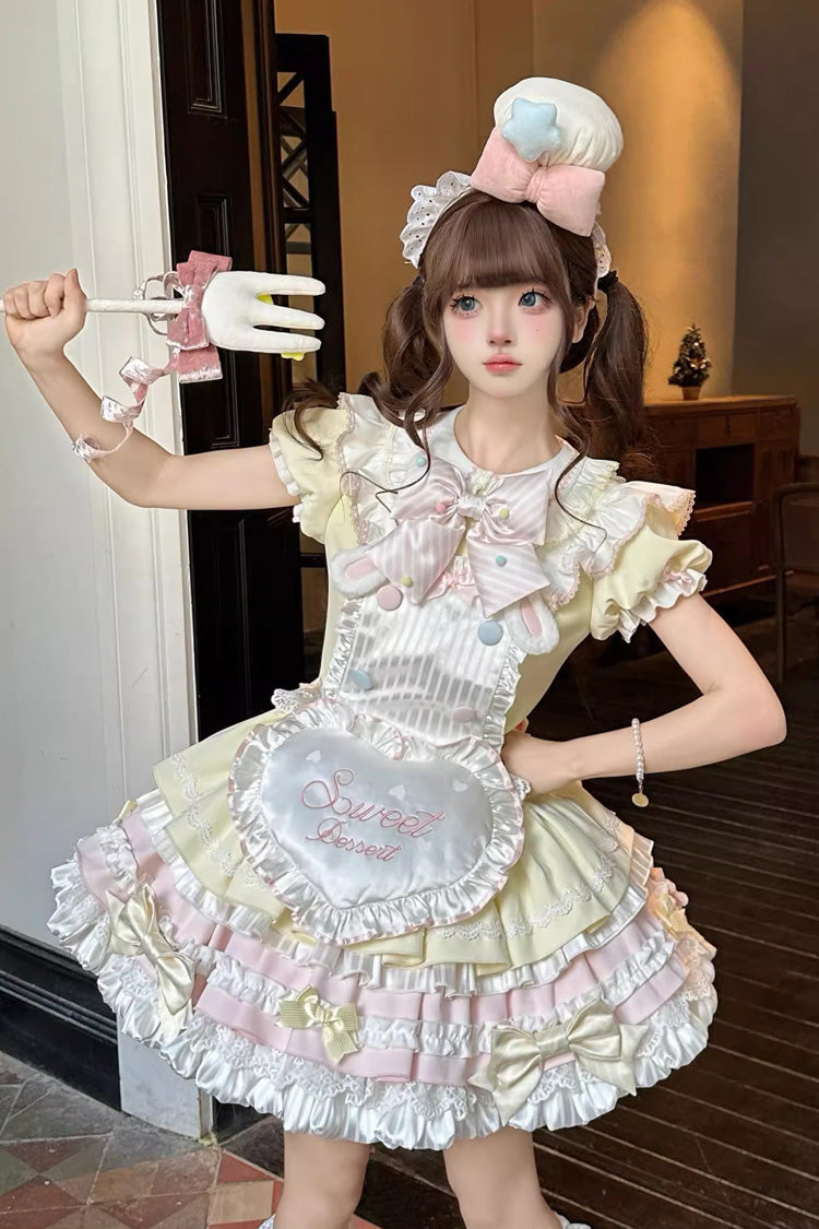 Yellow/Pink Sweet Bunny Chef Short Sleeves Multi-Layered Ruffle Bowknot Sweet Lolita Dress
