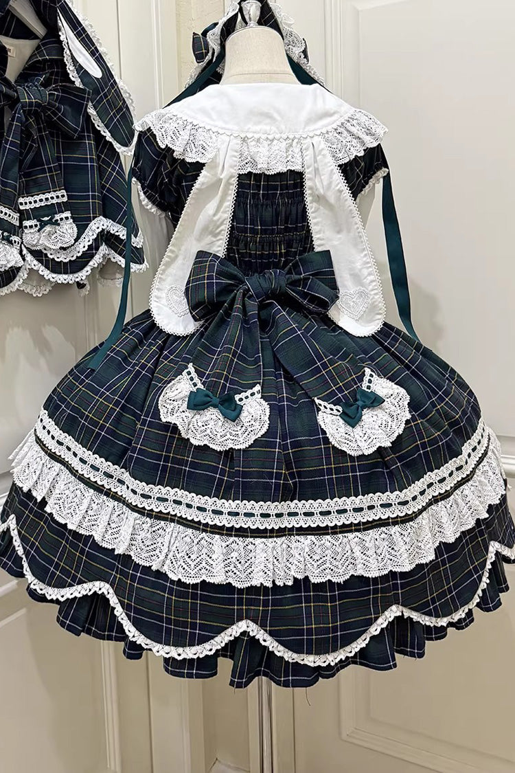 Green Gingham Petal Bunny Short Sleeves Printed Ruffled Bow Sweet Lolita OP Dress