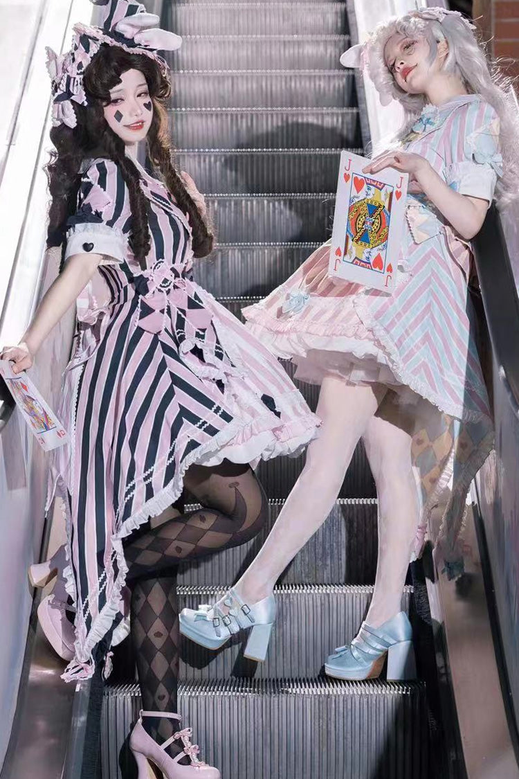 Blue/Pink Short Sleeves Weird Theater Print Ruffle Bowknot Sweet Lolita Dress