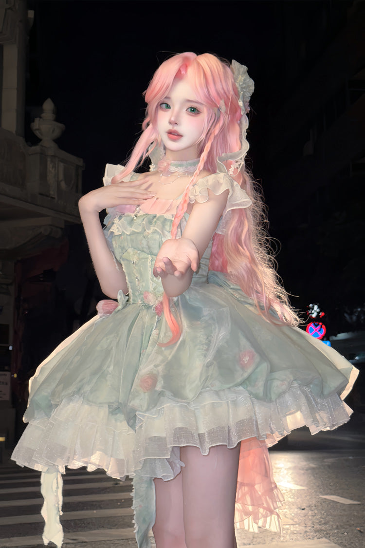 Green Flower Fairy Forest Garden Print Ruffle Bowknot Lace Sweet Lolita Dress