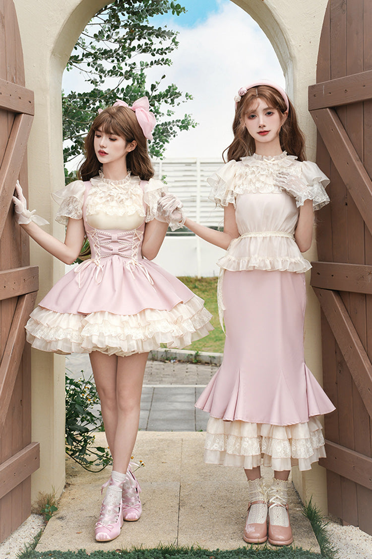 Pink Love Diary Multi-Layered Ruffle Bowknot Lace-Up Sweet Lolita Jsk Bustier Dress