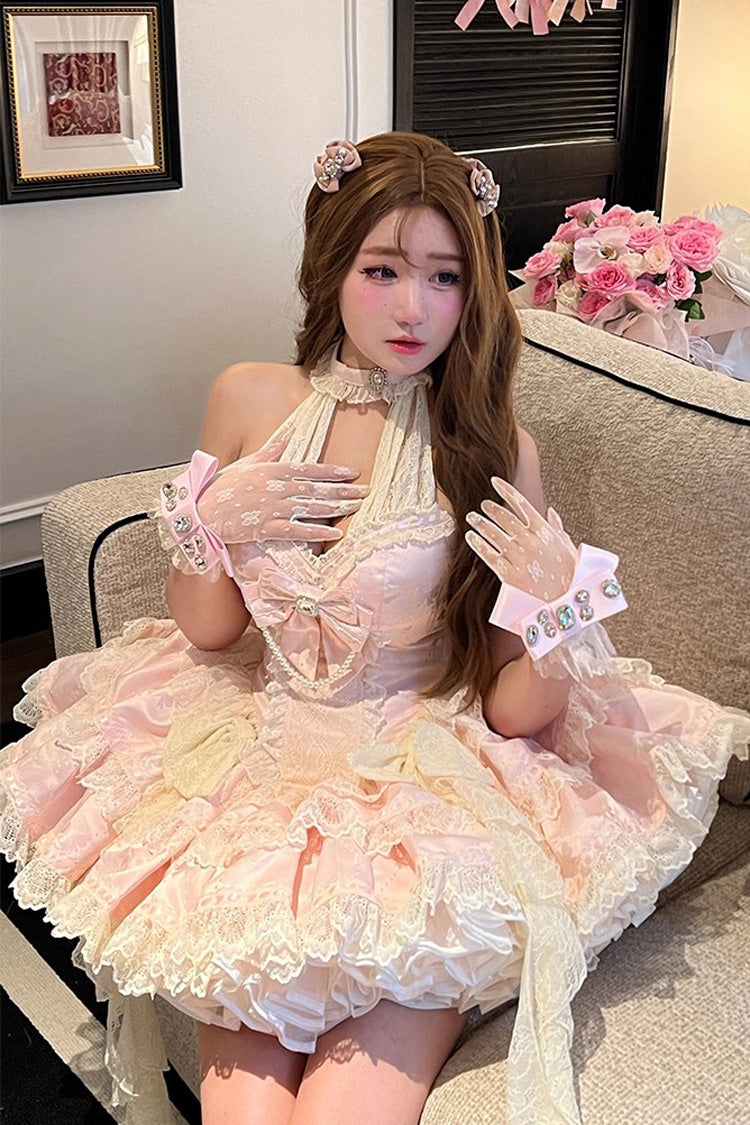 Pink Beloved Young Lady Halterneck Sleeveless Double-Layered Ruffle Bowknot Lace Elegant Sweet Lolita Dress