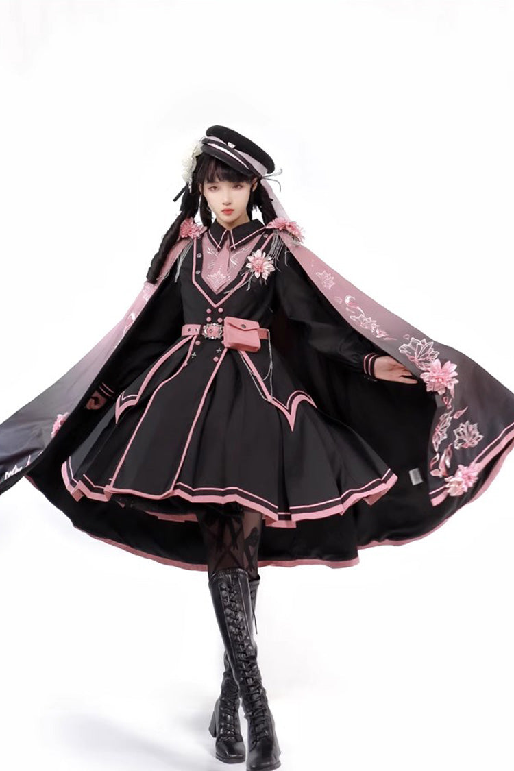 Black/Pink Long Sleeves Ruffle Gothic Military Elegant Princess Lolita Dress