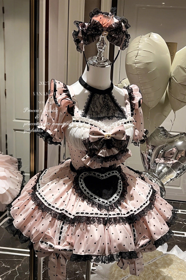 Pink Apprentice Cupid Halterneck Short Sleeves Print Ruffle Bowknot Lace Maid Sweet Lolita Dress