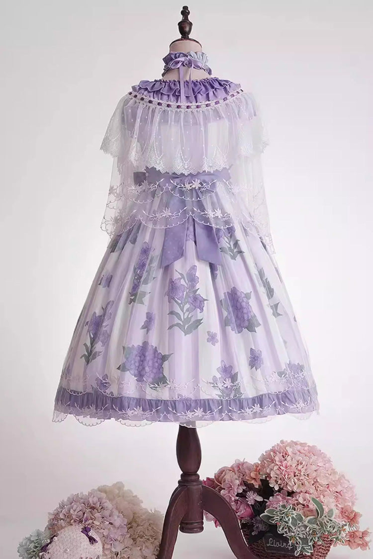 Purple Endless Summer Round Collar Sleeveless Hime Sleeves Printed Ruffled Bow Lace Sweet Lolita Dress