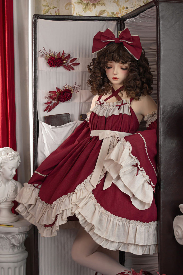 Red Monet Estate Sleeveless High Waisted Ruffle Bowknot Asymmetric Gothic Lolita Jsk Dress