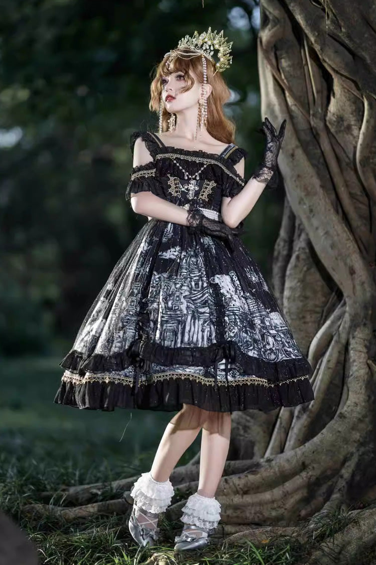 Black Castle Feast Print Ruffle Bowknot Gothic Princess Lolita Jsk Dress