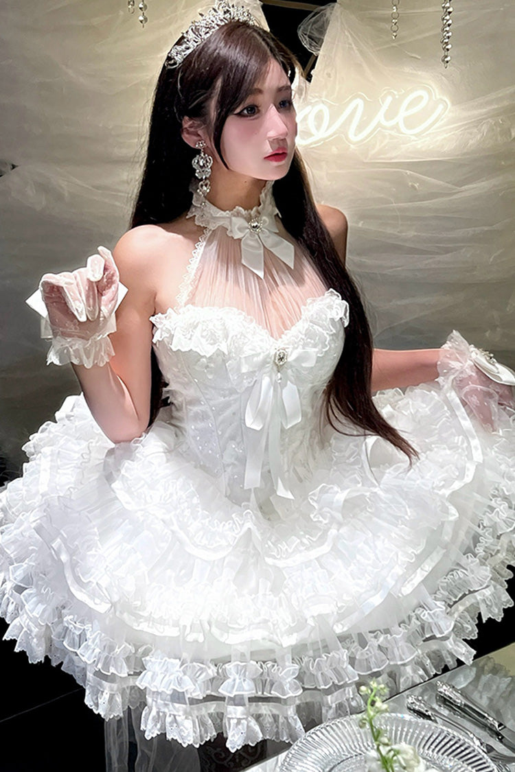White Love God Bride Halterneck Ruffle Hanayome Bowknot Lace Sweet Princess Lolita Jsk Dress