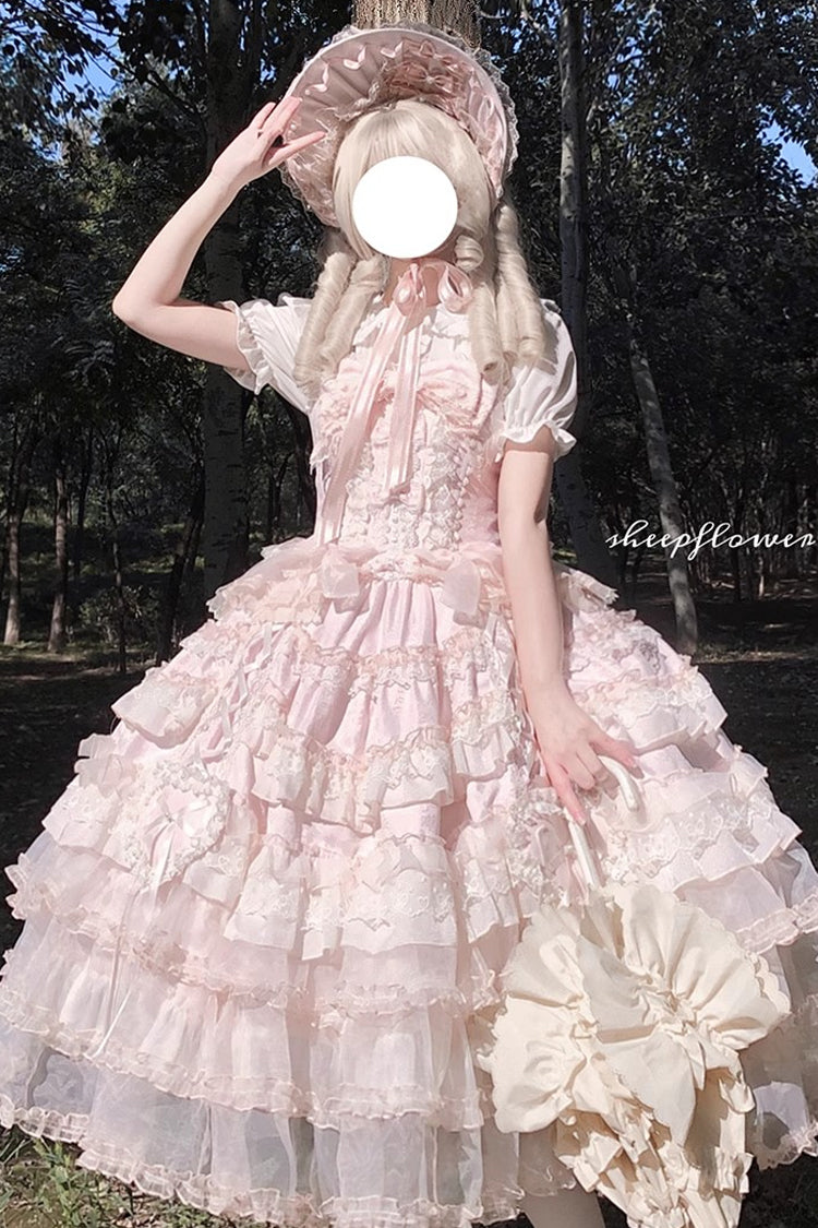 Pink Sweetheart Diary Multi-Layered Ruffle Hanayome Embroidery Bowknot Lace Sweet Lolita Jsk Dress