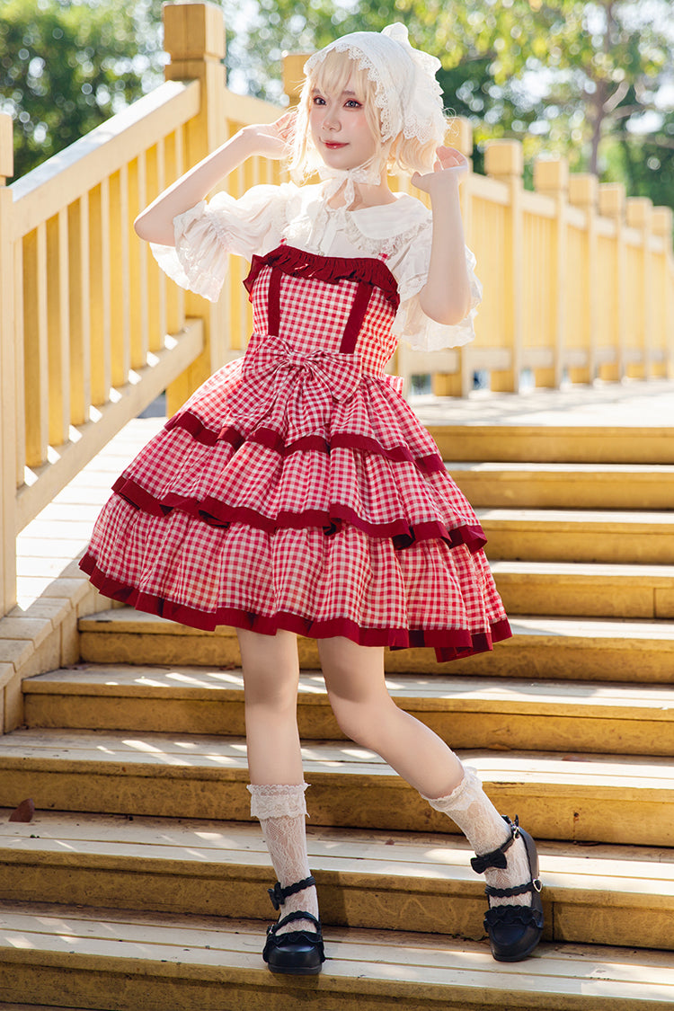 Red Cloth Cat Triple-Layered Plaid Print Ruffle Bowknot Sweet Lolita Dress