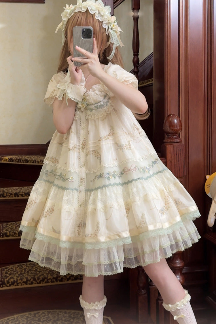 Multi-Color Daisy Poetry Print Ruffle Hollow Embroidery Lace Sweet Elegant Princess Lolita Dress