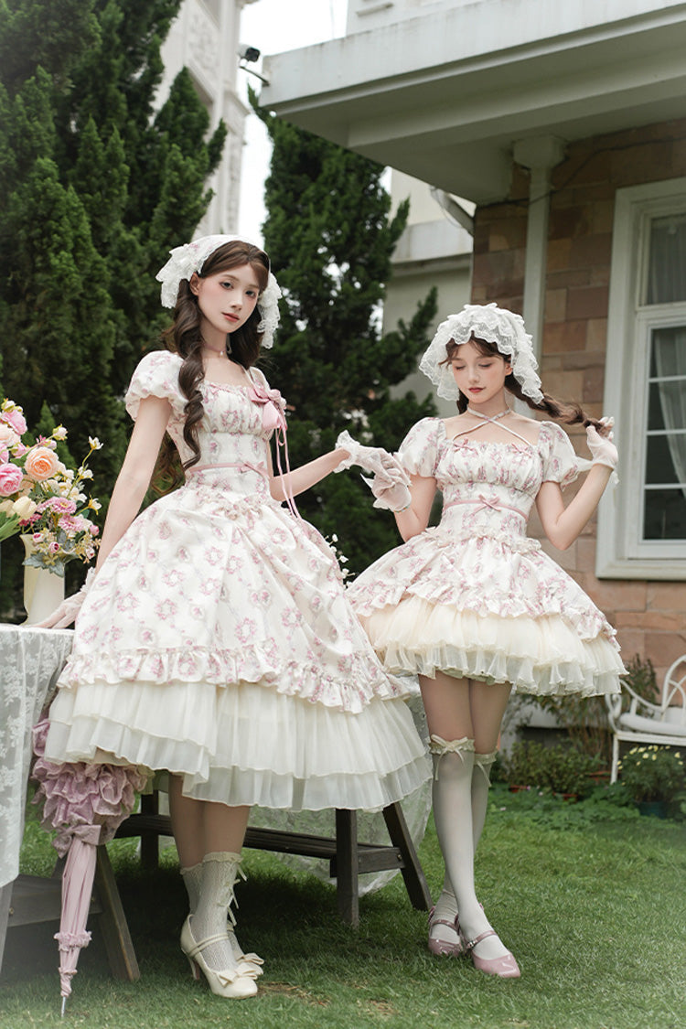 Ivory Rose After The Rain Short Sleeves Triple-Layered Print Ruffle Bowknot Lace-Up Sweet Lolita Long Dress