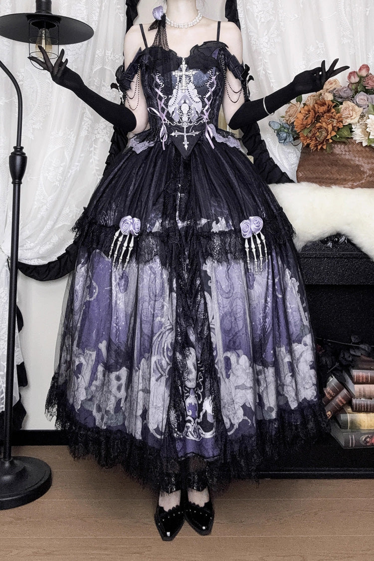 Black/Blue Skull Magic Print Ruffle Bowknot Gothic Elegant Lolita Skirt Two-Piece Set