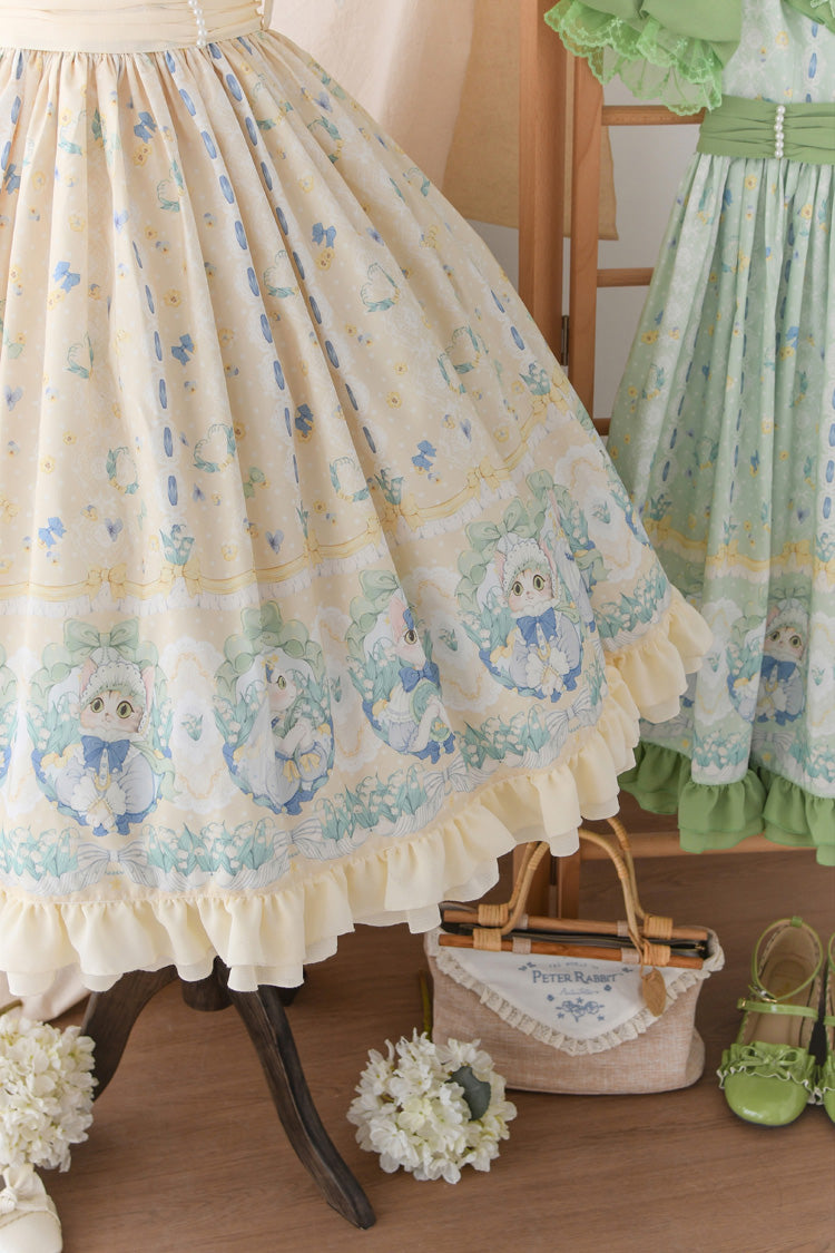 Beige Lily of the Valley Cat Print Ruffle Embroidery Bowknot Sweet Lolita Dress