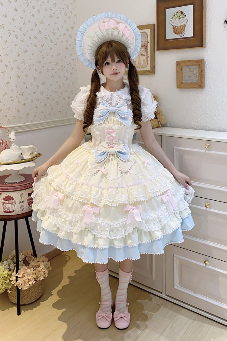Yellow/Blue Fondant Cake Sleeveless Multi-Layered Ruffle Bowknot Lace Sweet Lolita Jsk Dress
