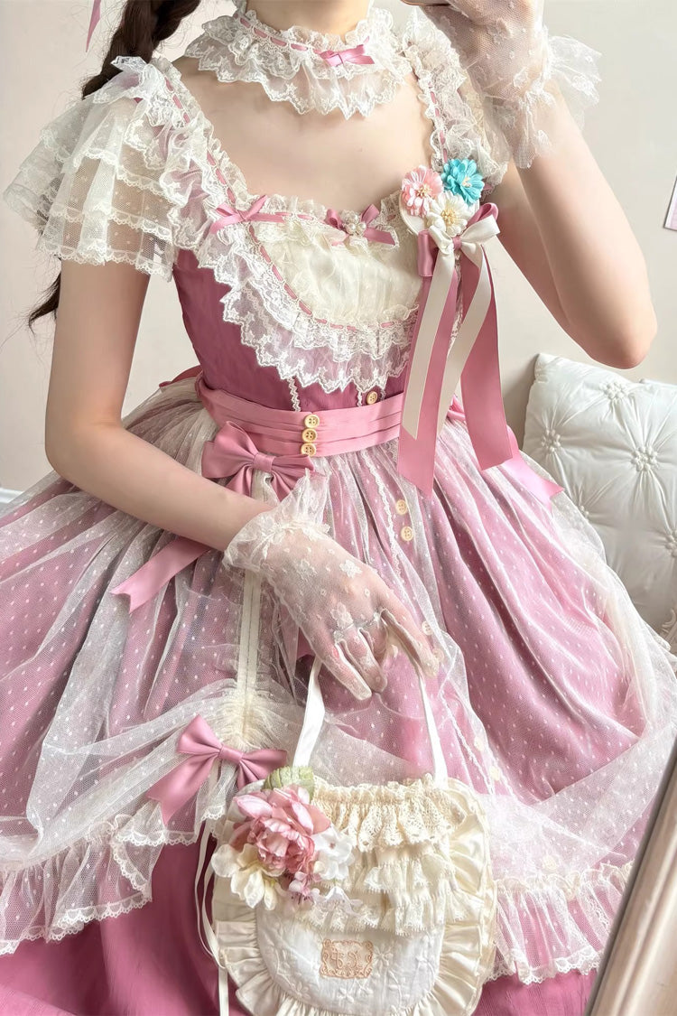Rose Red Sakura's Spring Resonance Sleeveless Ruffled Bow Sweet Lolita Jsk Dress (Long Version)