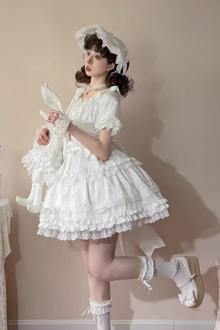 White Layered Buttercream Frosting Short Sleeves Ruffle Bowknot Lace Sweet Lolita Dress