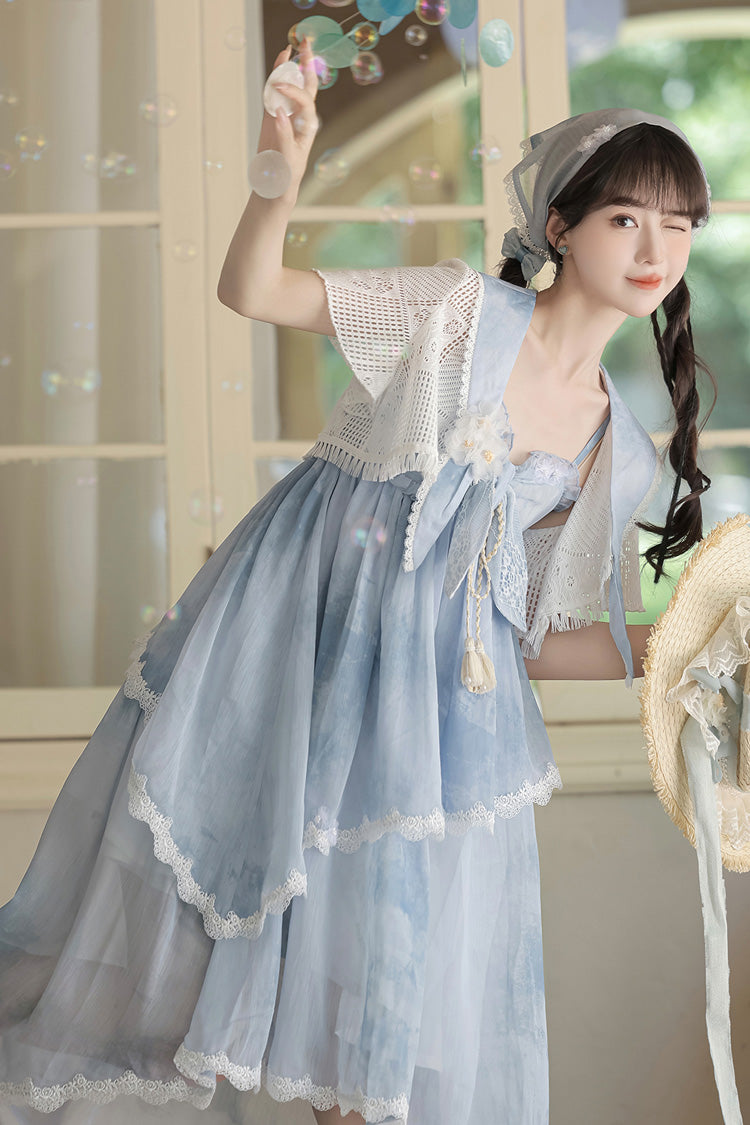 Blue Clouds Resting in the Wilderness Print Ruffle Embroidery Bowknot Lace Irregular Lolita Jsk Dress