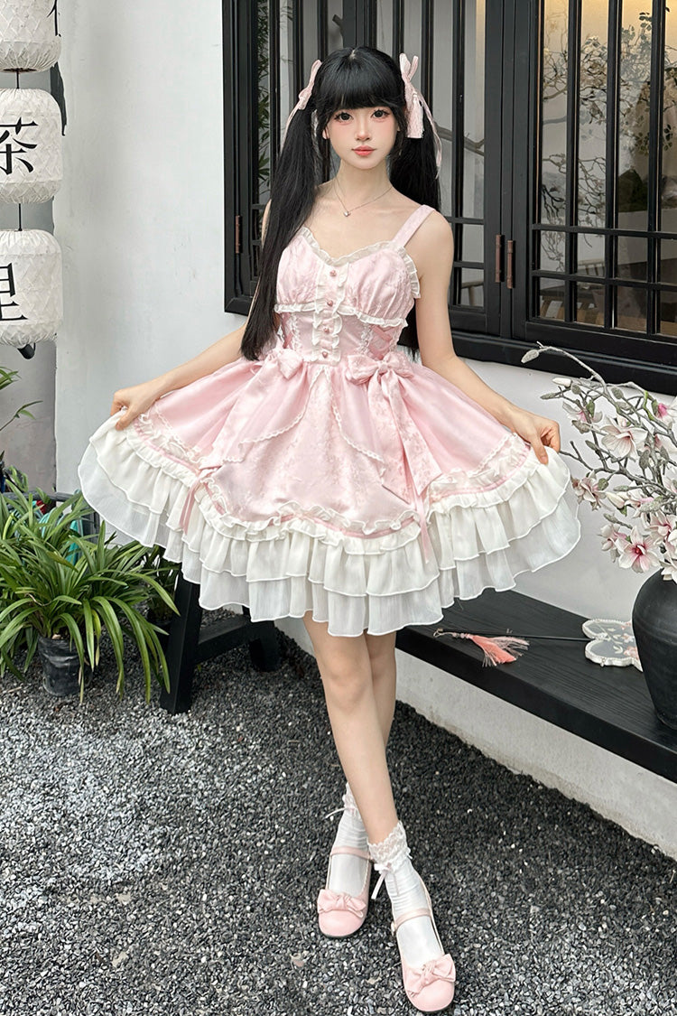 Pink Spring Flower Notes Ruffle Bowknot Lace Sweet Princess Lolita Jsk Dress