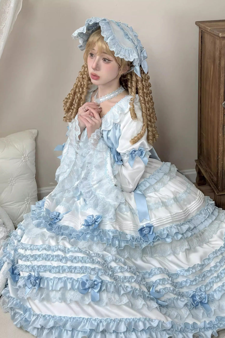 White/Blue Layered Sea Salt Ice Short Sleeves Ruffle Bowknot Lace Sweet Lolita Dress