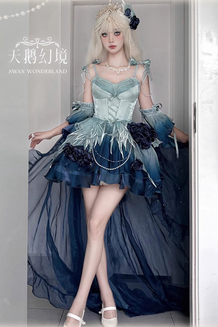 Undersea Blue Swan Wonderland Embroidery Bowknot Lace-Up Sweet Ballet Lolita Jsk Dress Short Version