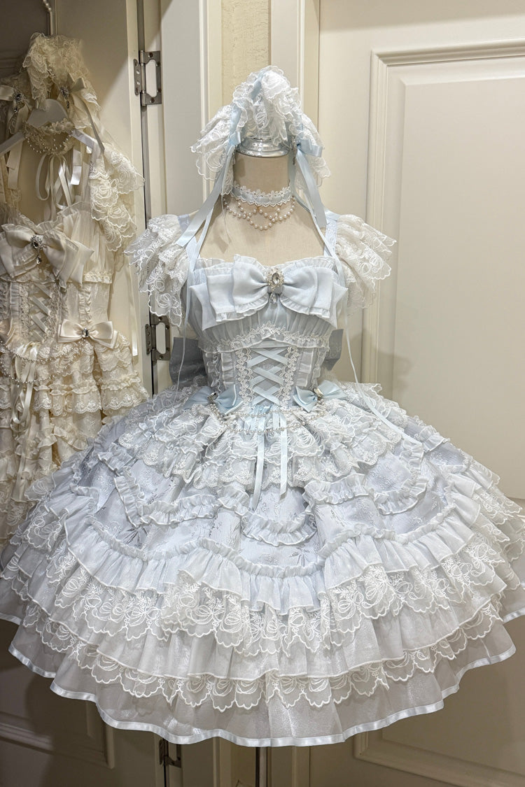 Blue Eternal Vow Sleeveless Multi-Layered Ruffle Hanayome Bowknot Lace Lace-Up Sweet Lolita Jsk Dress