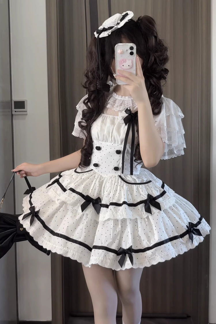 White Pure Cotton Sleeveless Double-Layered Polka Dot Print Ruffle Bowknot Daily Sweet Lolita Jsk Dress