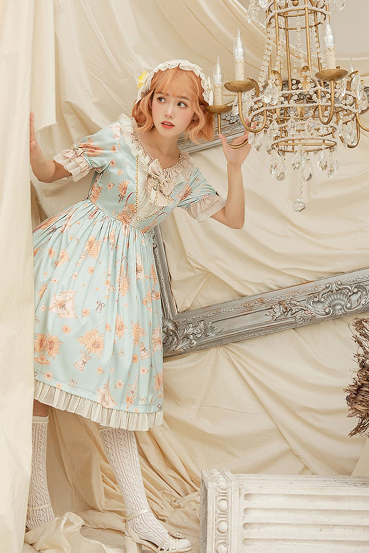 Green Miss Sunflower Short Sleeves Printed Ruffled Bow Sweet Lolita Dress