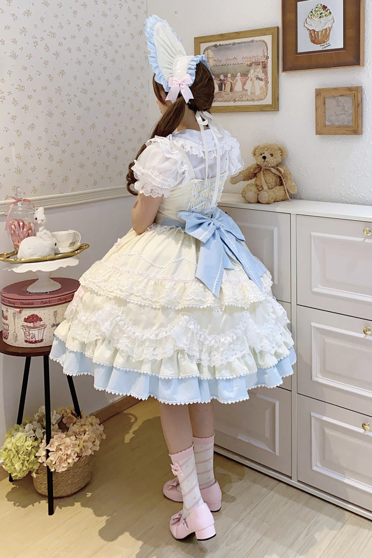 Yellow/Blue Fondant Cake Sleeveless Multi-Layered Ruffle Bowknot Lace Sweet Lolita Jsk Dress