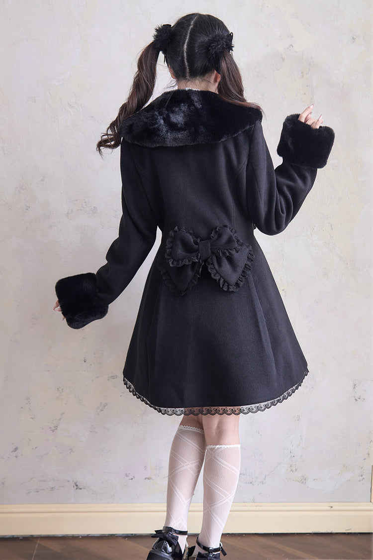 Sweet Plush Collar Waist-cinched Long Sleeves Bowknot Lace Japanese Lolita Coat 4 Colors