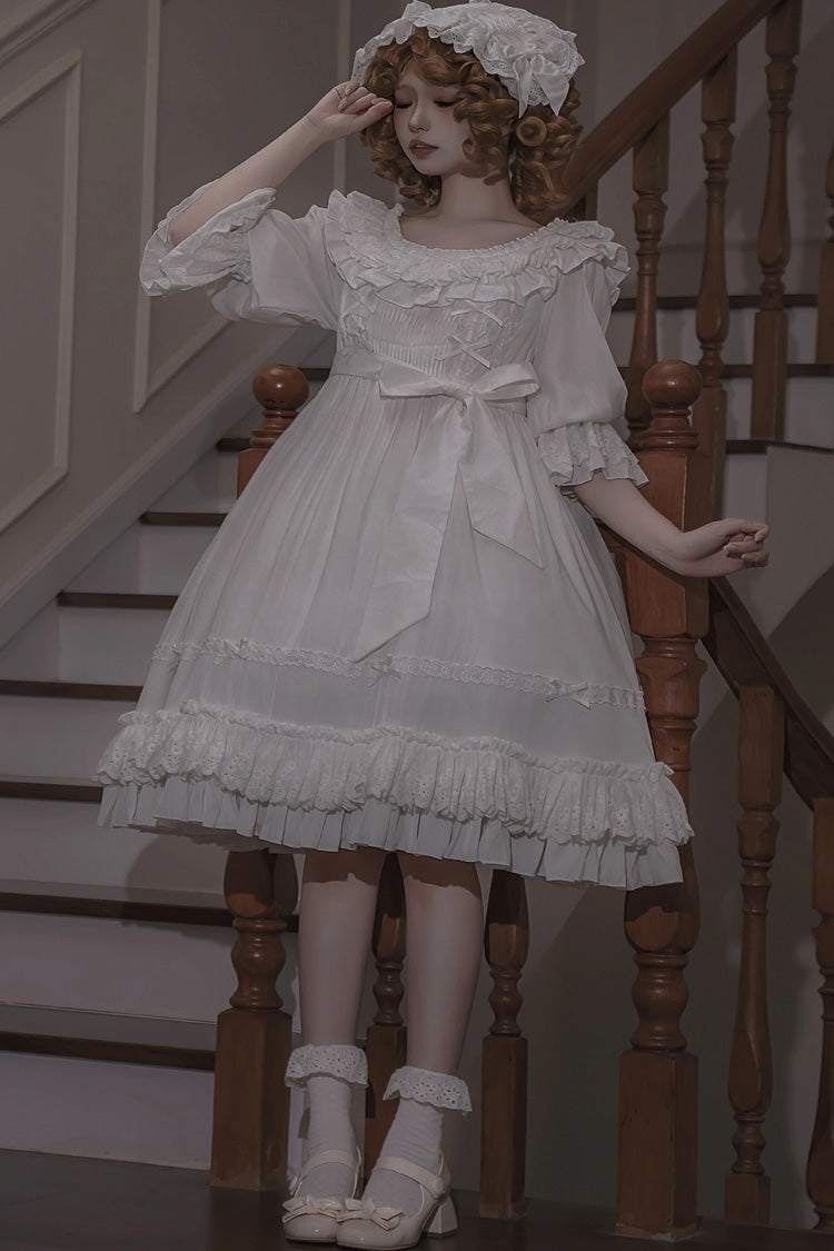 White Good Morning Short Sleeves Ruffle Bowknot Lace-Up Gothic Lolita Dress