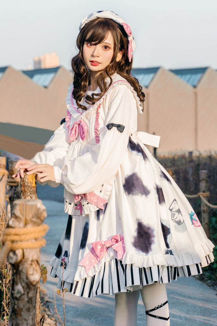 Doll Collar Lantern Long Sleeves Cow Printed Stitching Bowknot Ruffled Sweet Lolita Op Dress