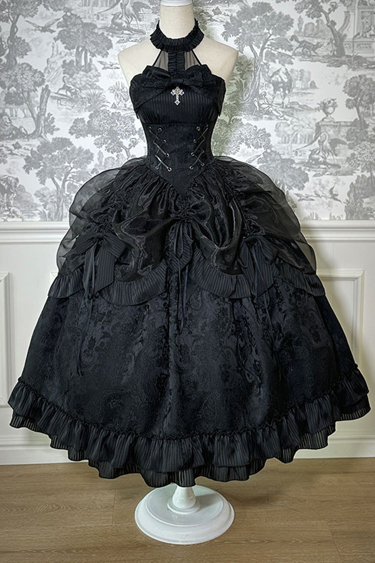 Solid Color The Mystery of The Doll Halterneck Ruffle Bowknot Drawstring Gothic Lolita Dress 4 Colors