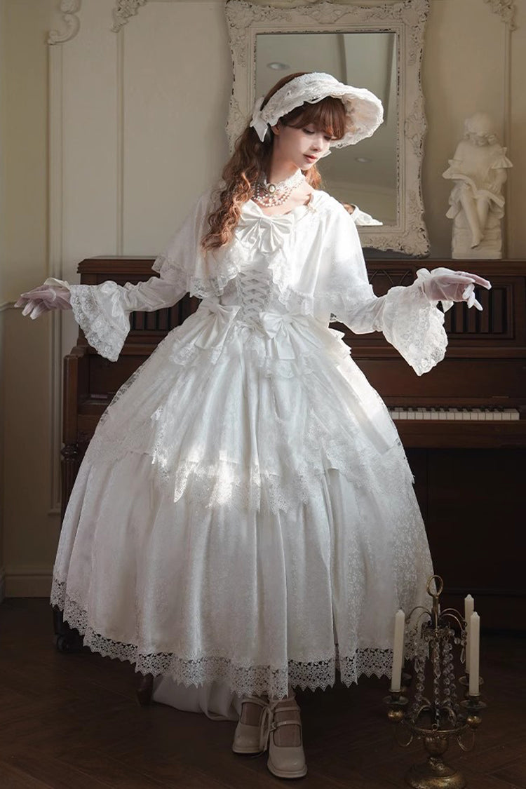 White Cherish Long Trumpet Sleeves Ruffle Hanayome Bowknot Lace-Up Sweet Lolita Dress