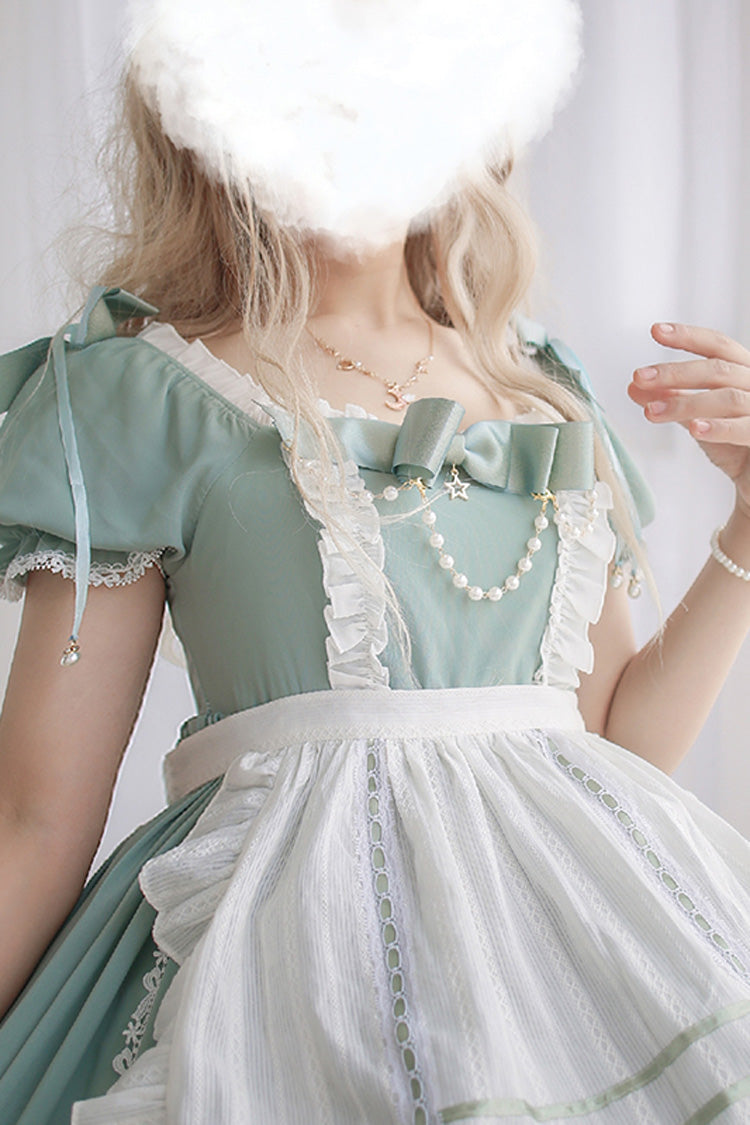 White/Green Spring Wood Branches Short Sleeves Ruffle Hanayome Bowknot Sweet Lolita Dress