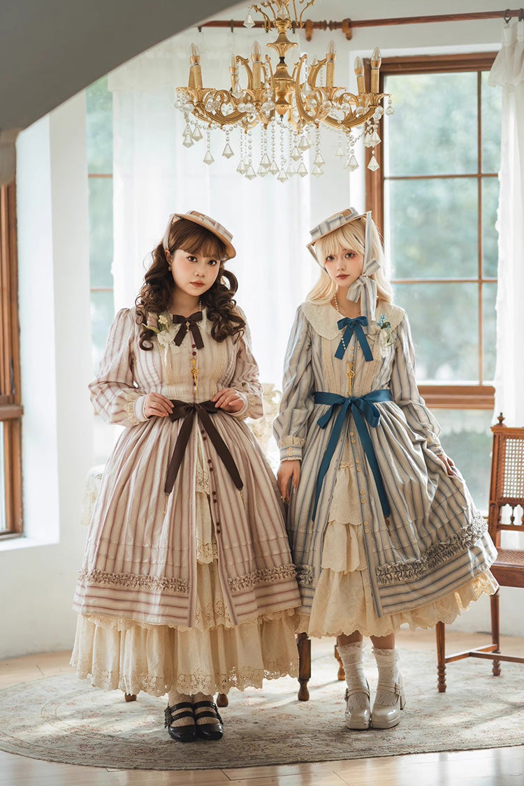 Forest Atlas Striped Print Long Sleeves Bowknot Sweet Lolita Dress 3 Colors