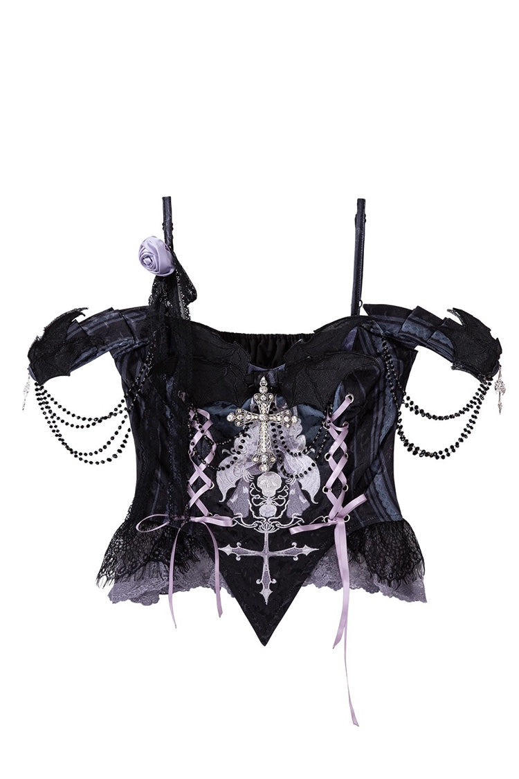 Black/Blue Skull Magic Print Ruffle Bowknot Gothic Elegant Lolita Skirt Two-Piece Set