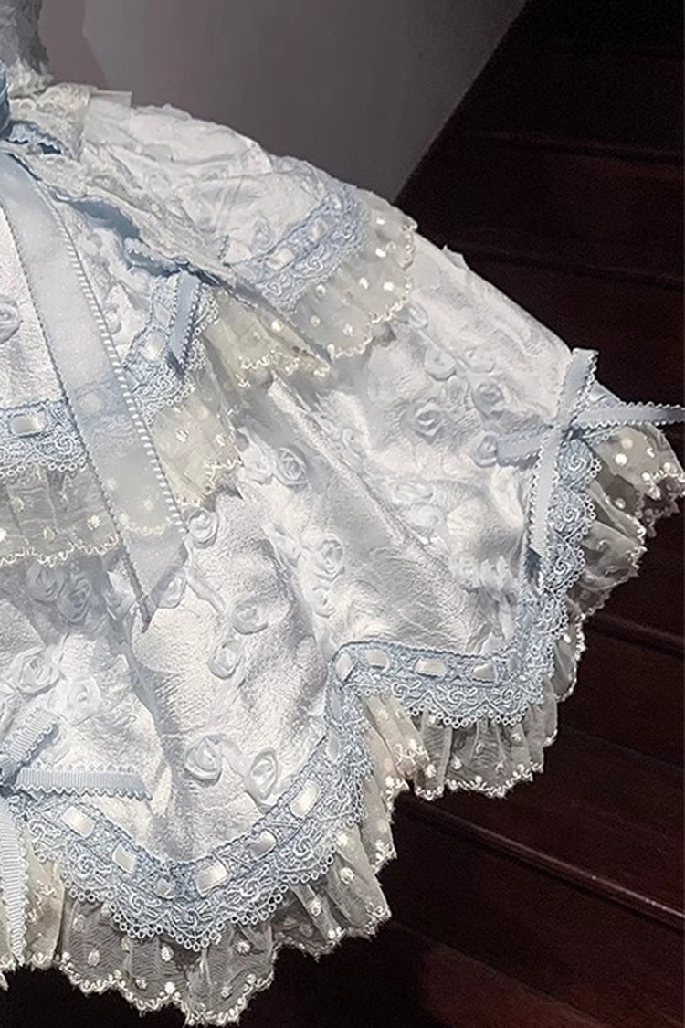 Blue Floral Overture Double-Layered Ruffle Embroidery Bowknot Lace Sweet Lolita Jsk Dress