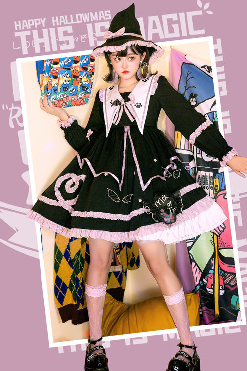 Dark Black High Waisted Purple Ruffled Long Sleeves Lolita OP Gothic Lolita Dress