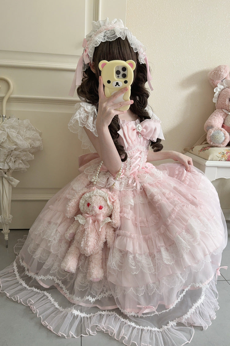 Pink Eternal Vow Sleeveless Multi-Layered Ruffle Hanayome Bowknot Lace Lace-Up Sweet Lolita Jsk Dress