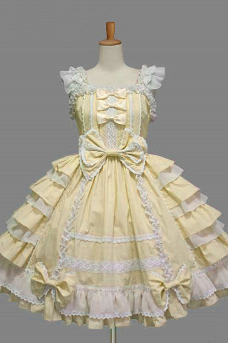 Lace Square Neck Cap Sleeve Knee Length Ruffled Bowknot Sweet Lolita Dress