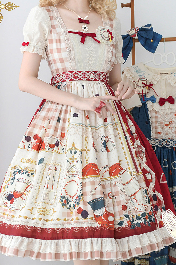Red Tea Party Short Sleeves Print Ruffle Bowknot Lace Sweet Elegant Lolita Dress