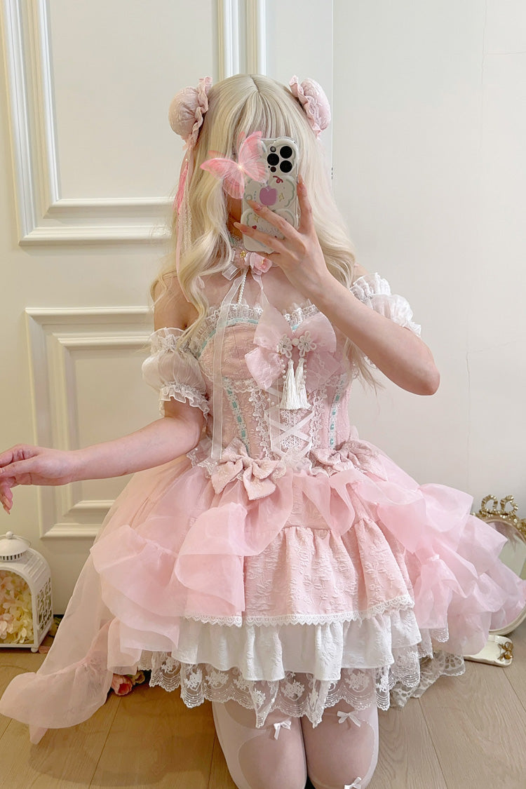 Pink Rain and Flowers Halterneck Jacquard Ruffle Bowknot Lace Sweet Lolita Jsk Dress