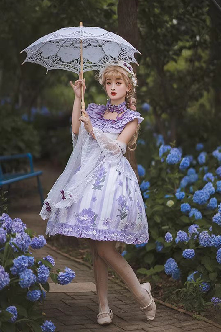 Purple Endless Summer Round Collar Sleeveless Hime Sleeves Printed Ruffled Bow Lace Sweet Lolita Dress