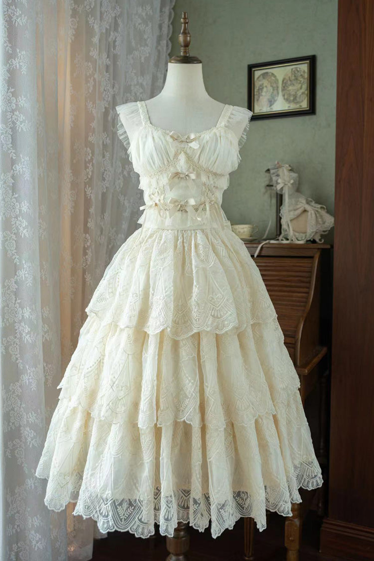 Ivory Tidal Triple-Layered Ruffle Bowknot Sweet Lolita Skirt 2 Versions