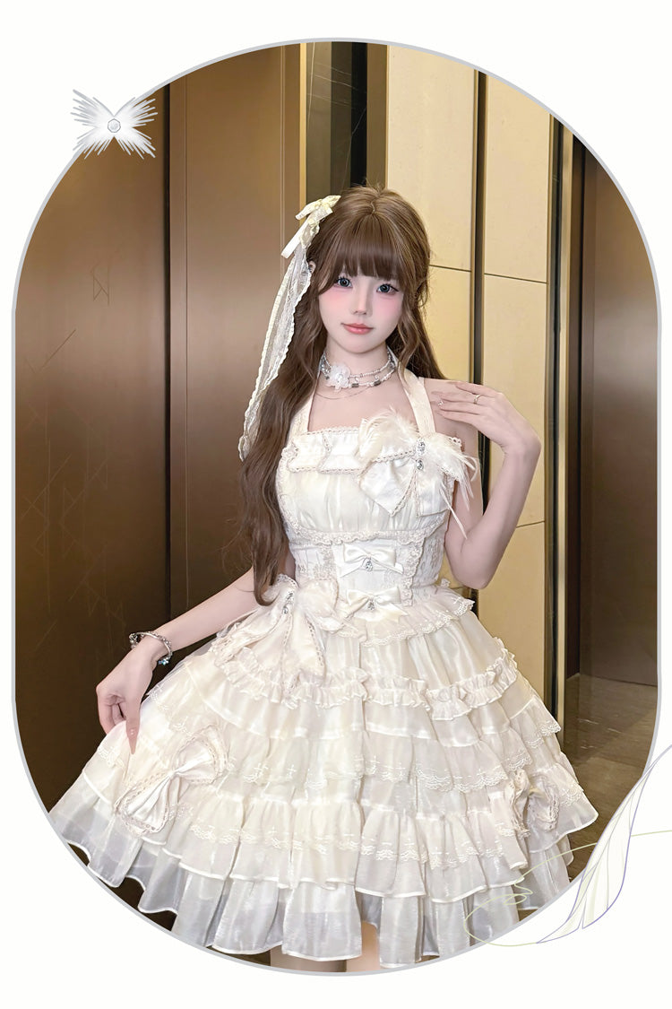 Apricot Swan Overture Halterneck Sleeveless Multi-Layered Ruffle Bowknot Lace Sweet Lolita Dress
