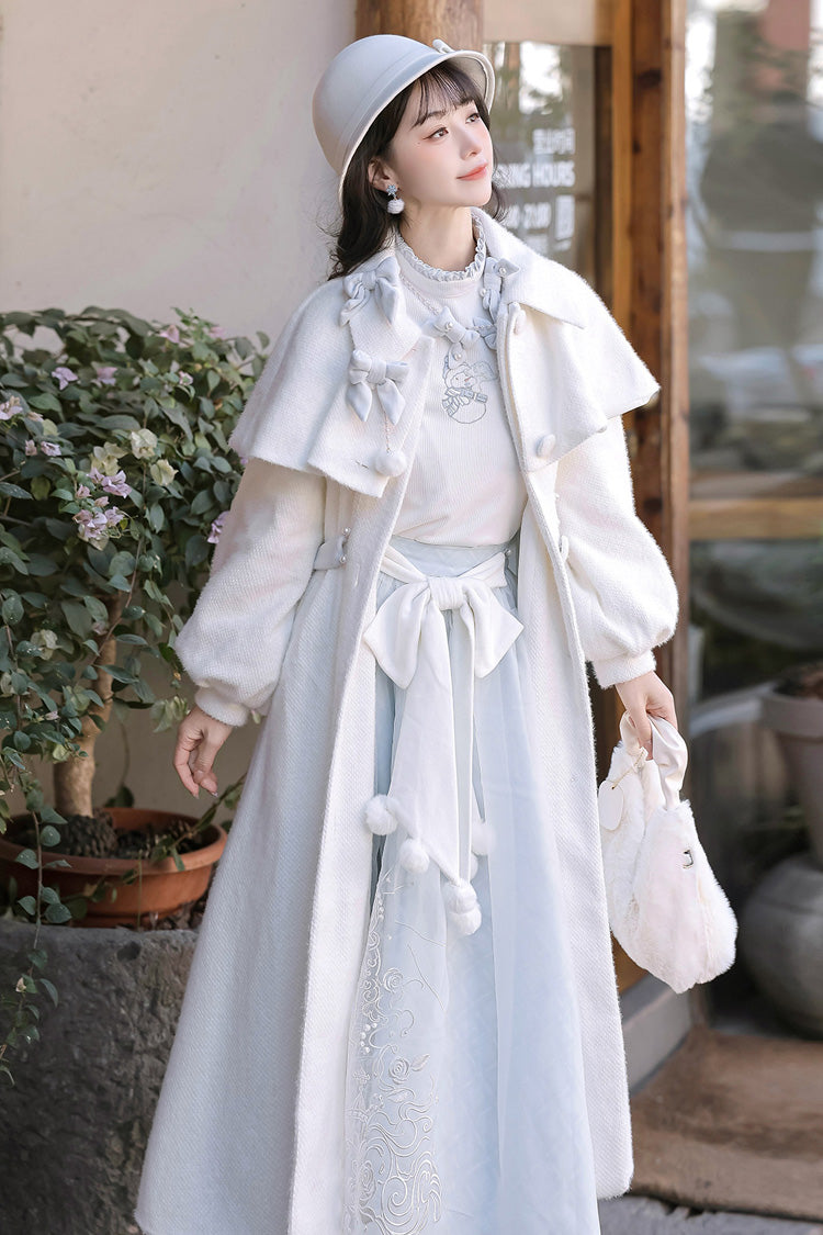 White/Blue Sunny Sky Snow Doll Long Sleeves Embroidered Bow Sweet Elegant Lolita Skirt Coat Set