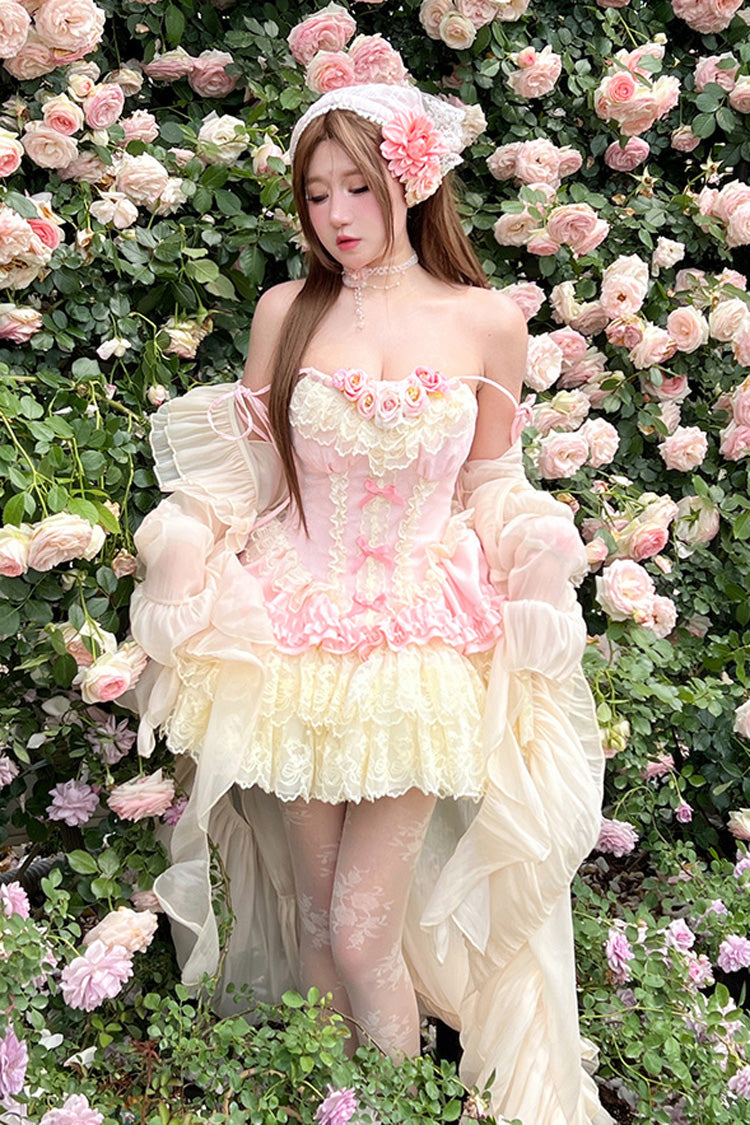 Pink Pure Dream Flower Love Multi-Layered Ruffle Embroidery Bowknot Lace Sweet Lolita Jsk Dress