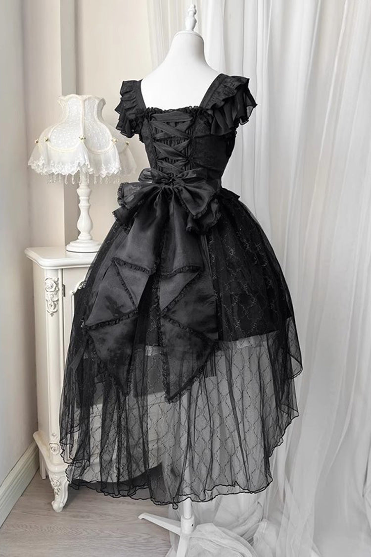 Black Short Sleeves Ruffle Rose Bowknot Elegant Princess Gothic Lolita Tiered Dress