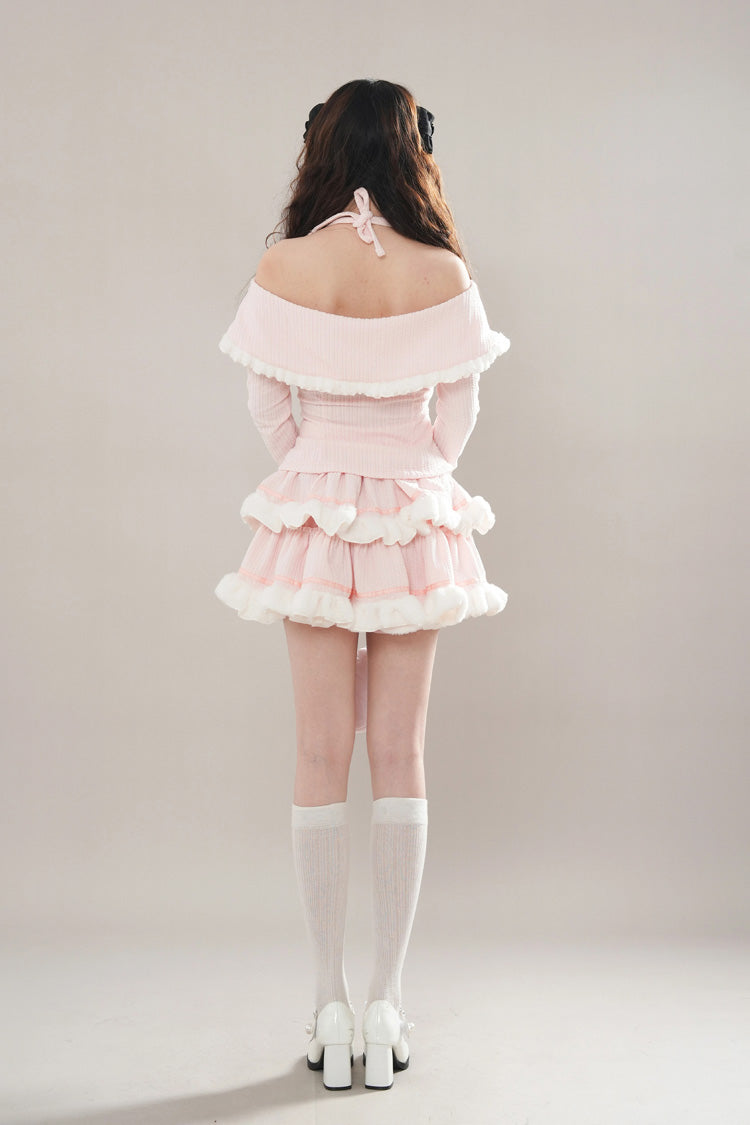 Pink Long Sleeves Ruffle Bowknot Lace Sweet Princess Lolita Tiered Top Skirt Set